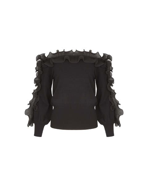 Women's  Catane Black Long Sleeve Pullover Knit With Black Ruffle Details