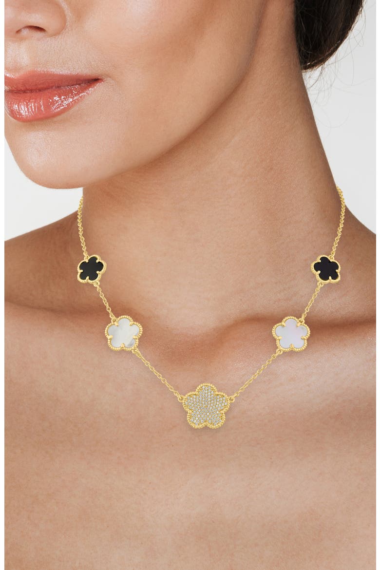 Mixed Clover Station Necklace, Alternate, color, BLACK/ MOP/ CLEAR GOLD