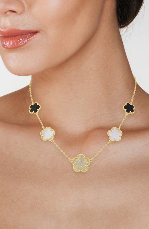 Cz By Kenneth Jay Lane Mixed Clover Station Necklace In Black/mop/clear Gold