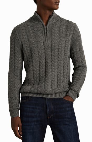 Reiss Mid Grey Melange Tamworth Cabled Zip-neck Jumper With Cotton And Wool