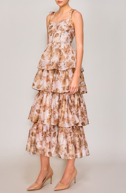 Melloday Floral Tiered Corset Cocktail Dress In Taupe Print