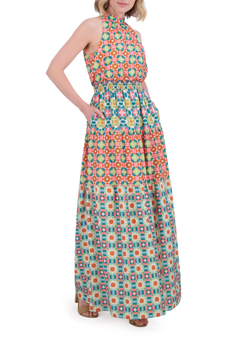 Ruffle Hem Smocked Waist Sleeveless Maxi Dress, Alternate, color, PINK MULTI