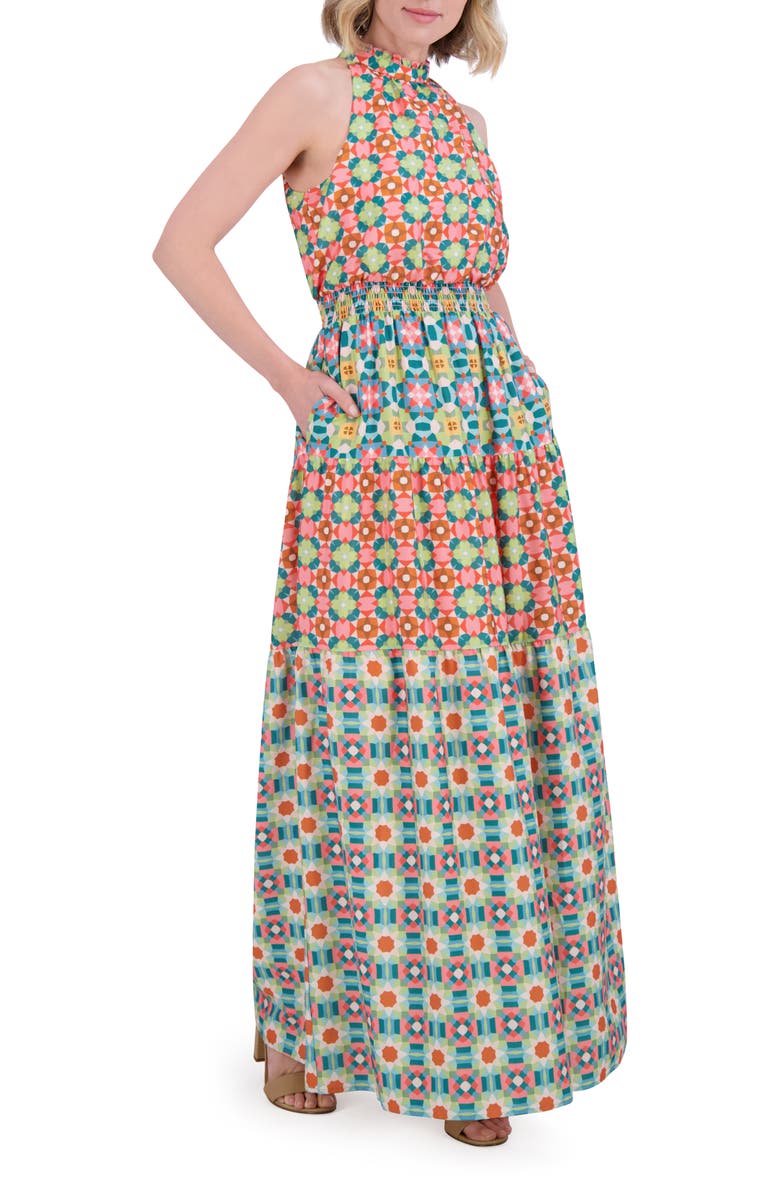 Vince Camuto Ruffle Hem Smocked Waist Sleeveless Maxi Dress, Alternate, color, Pink Multi