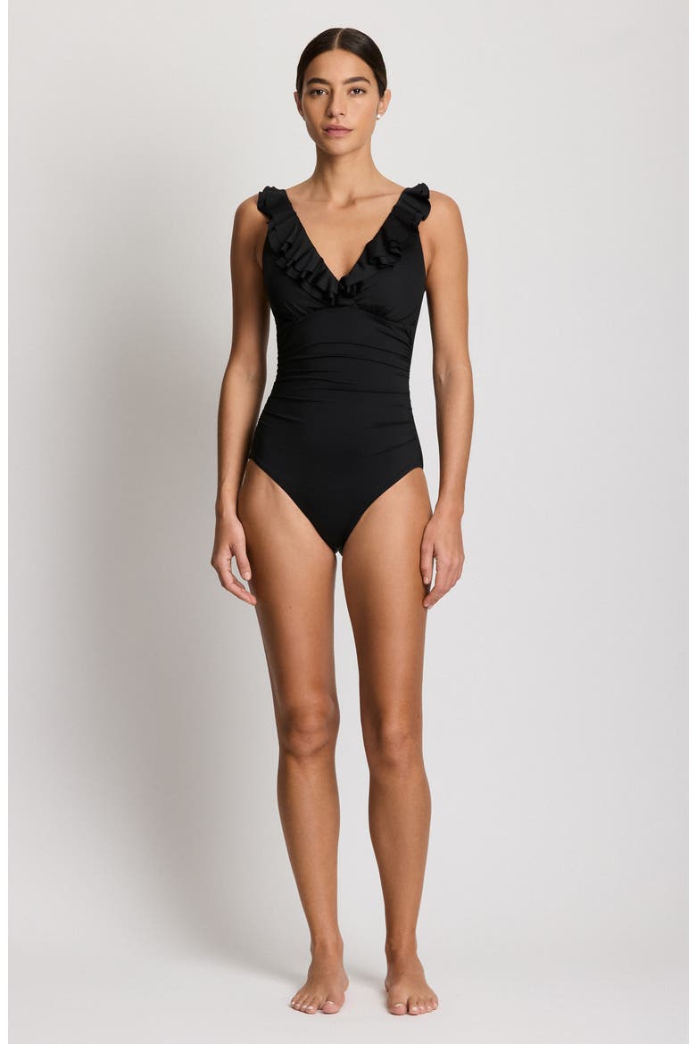Ruffle Underwire One-Piece Swimsuit, Alternate, color, BLACK