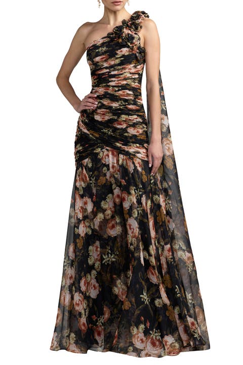 Floral One-Shoulder Ruched Chiffon Gown