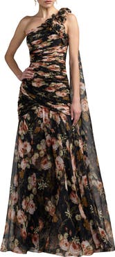 Mac Duggal Floral One-Shoulder Ruched Chiffon Gown
