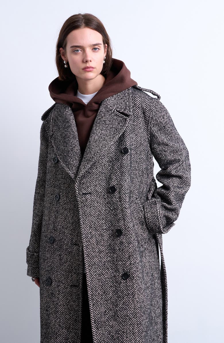 Topshop Belted Herringbone Longline Coat, Alternate, color, Black Multi