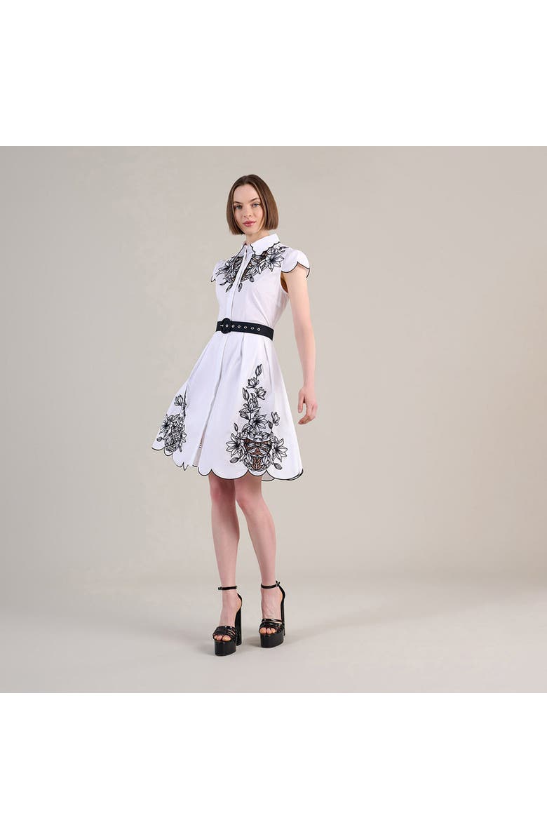 Anne Fontaine Women's Dress Adelina White Poplin Shirt Dress With Black Embroidery Detailing, Scalloped Hem, Pockets & Removable Belt, Alternate, color, Black/White