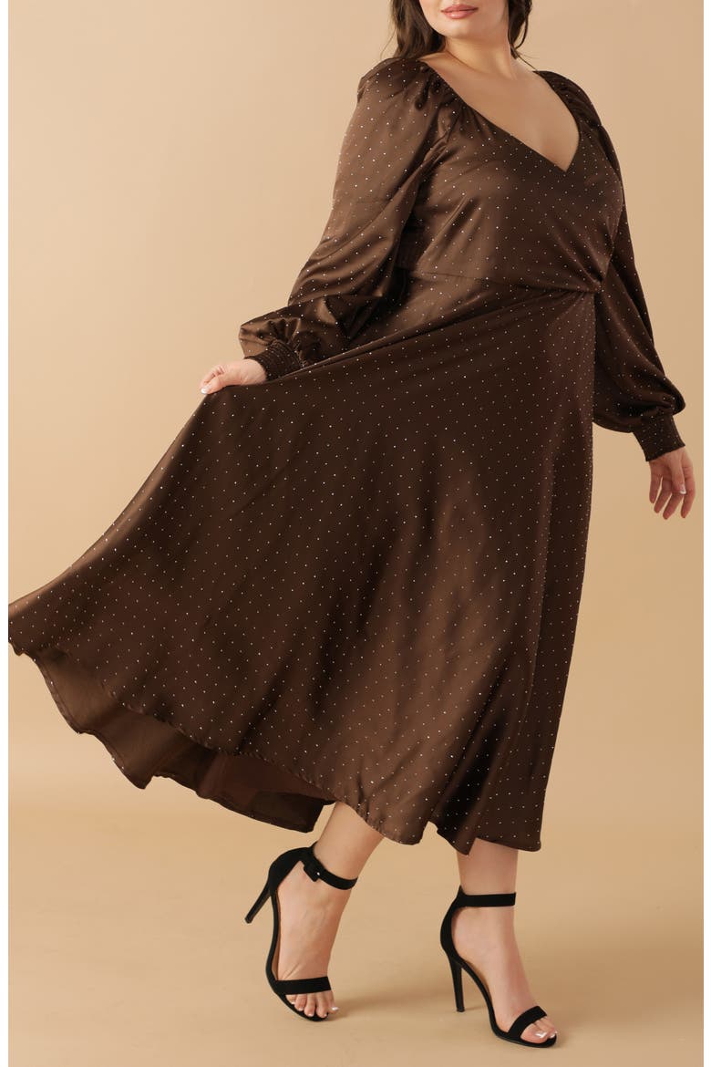 Polka Dot Long Sleeve Satin Dress, Alternate, color, BROWN