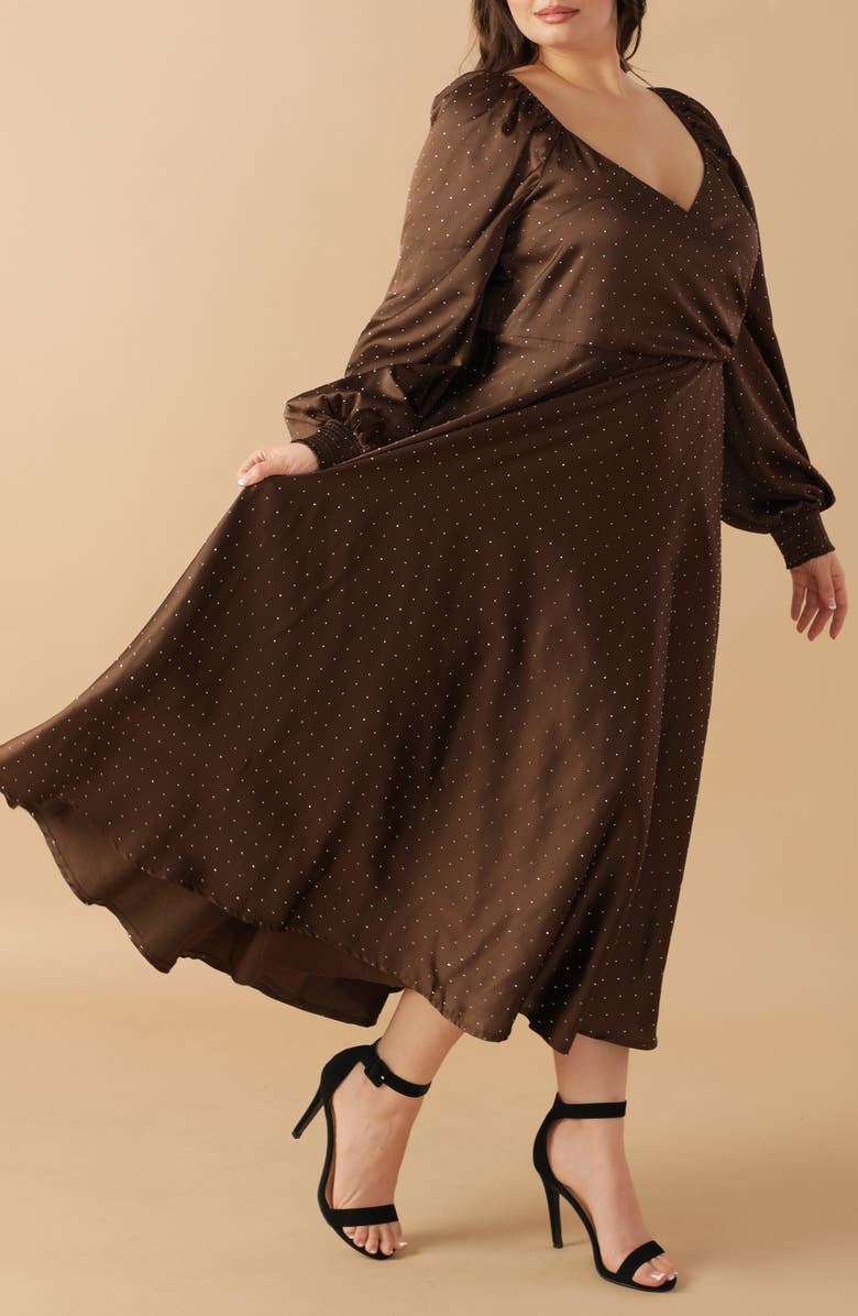 FLYING TOMATO Polka Dot Long Sleeve Satin Dress, Alternate, color, Brown