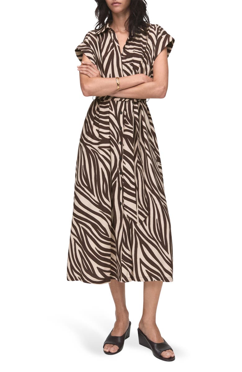 MANGO Print Tie Waist Shirtdress, Main, color, Chocolate