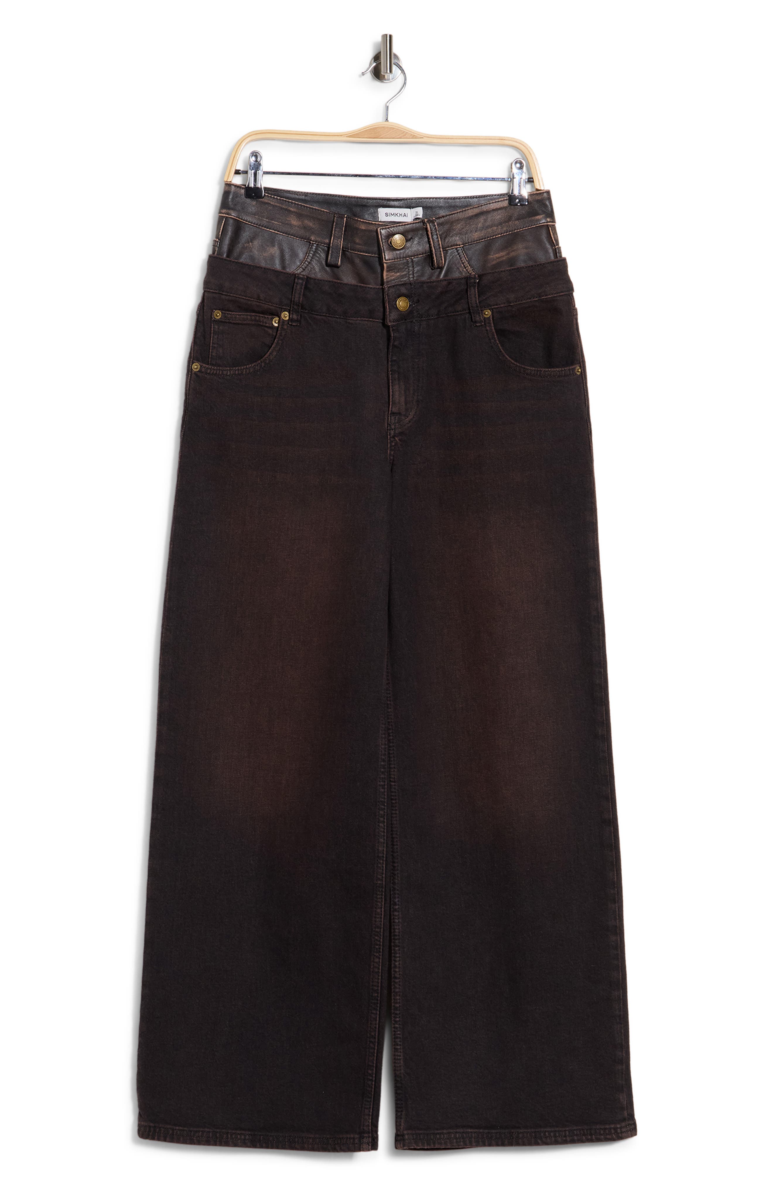 Kove Double Waistband High Waist Straight Leg Leather Contrast Jeans