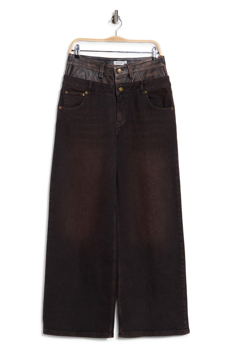 Kove Double Waistband High Waist Straight Leg Leather Contrast Jeans, Main, color, TERRANEA