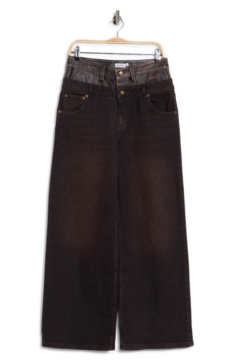 Kove Double Waistband High Waist Straight Leg Leather Contrast Jeans