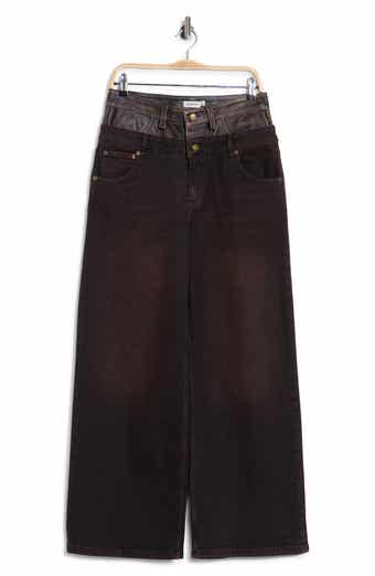 Kove Double Waistband High Waist Straight Leg Leather Contrast Jeans