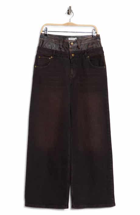 Kove Double Waistband High Waist Straight Leg Leather Contrast Jeans