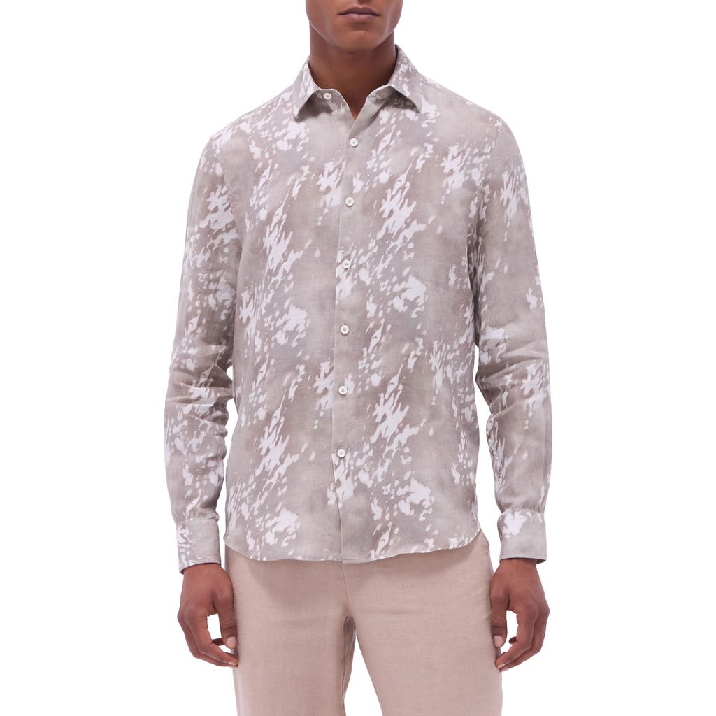 Bugatchi Julian Shaped Fit Abstract Print Linen Button-up Shirt In Olive