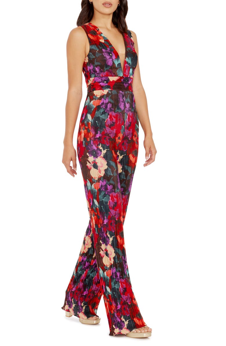 Dress the Population Hunter Floral Print Plissé Sleeveless Jumpsuit, Alternate, color, Rouge Multi