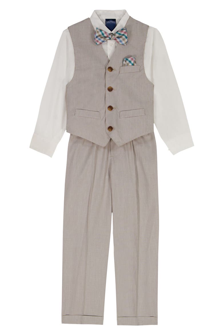 Kids' Mini Stripe Button-Up Shirt, Waistcoat, Pants & Bow Tie Set, Main, color, 225 WHEAT