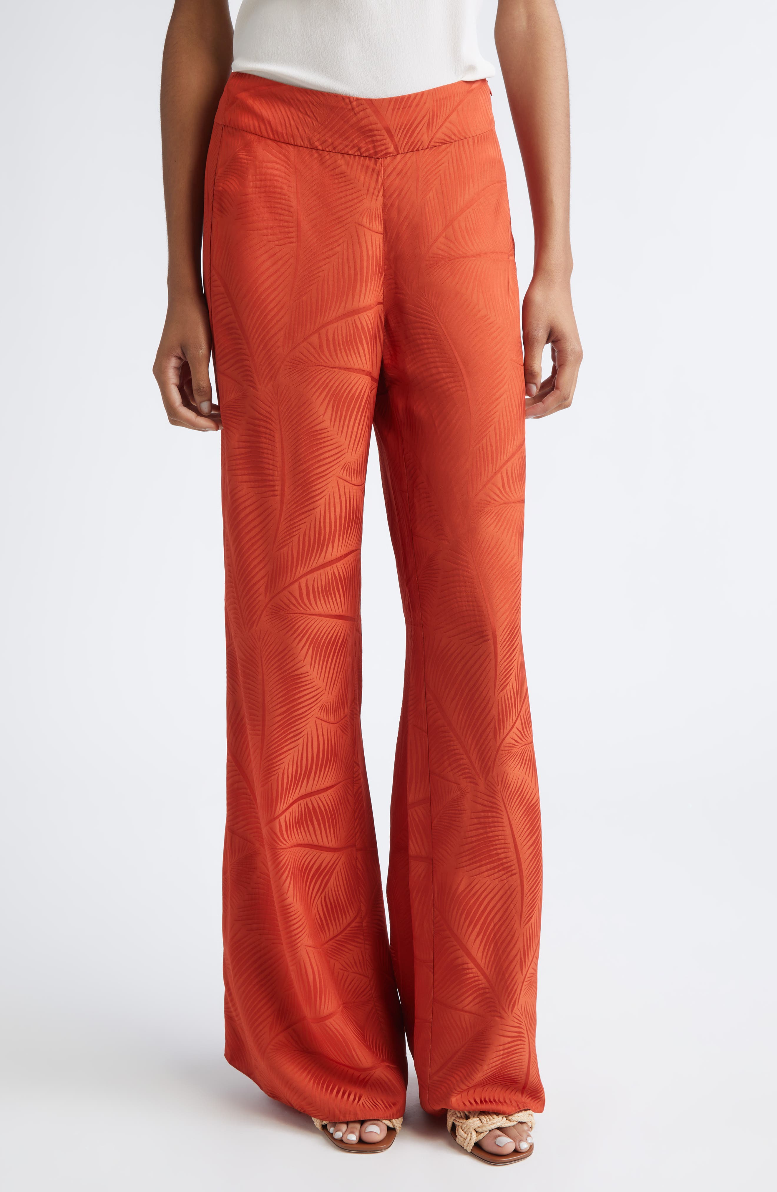 Laid Back Energy Palm Jacquard Wide Leg Satin Pants (Women