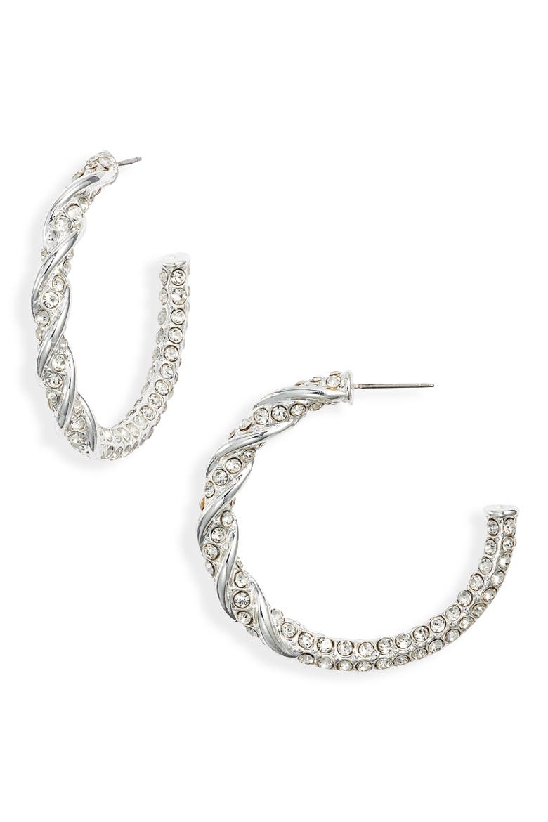 Crystal Pavé Hoop Earrings, Main, color, CLEAR- SILVER
