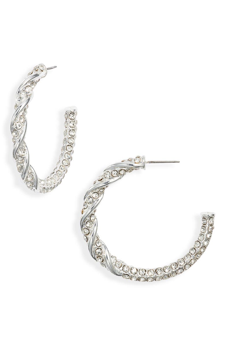 Open Edit Crystal Pavé Hoop Earrings, Main, color, Clear- Silver