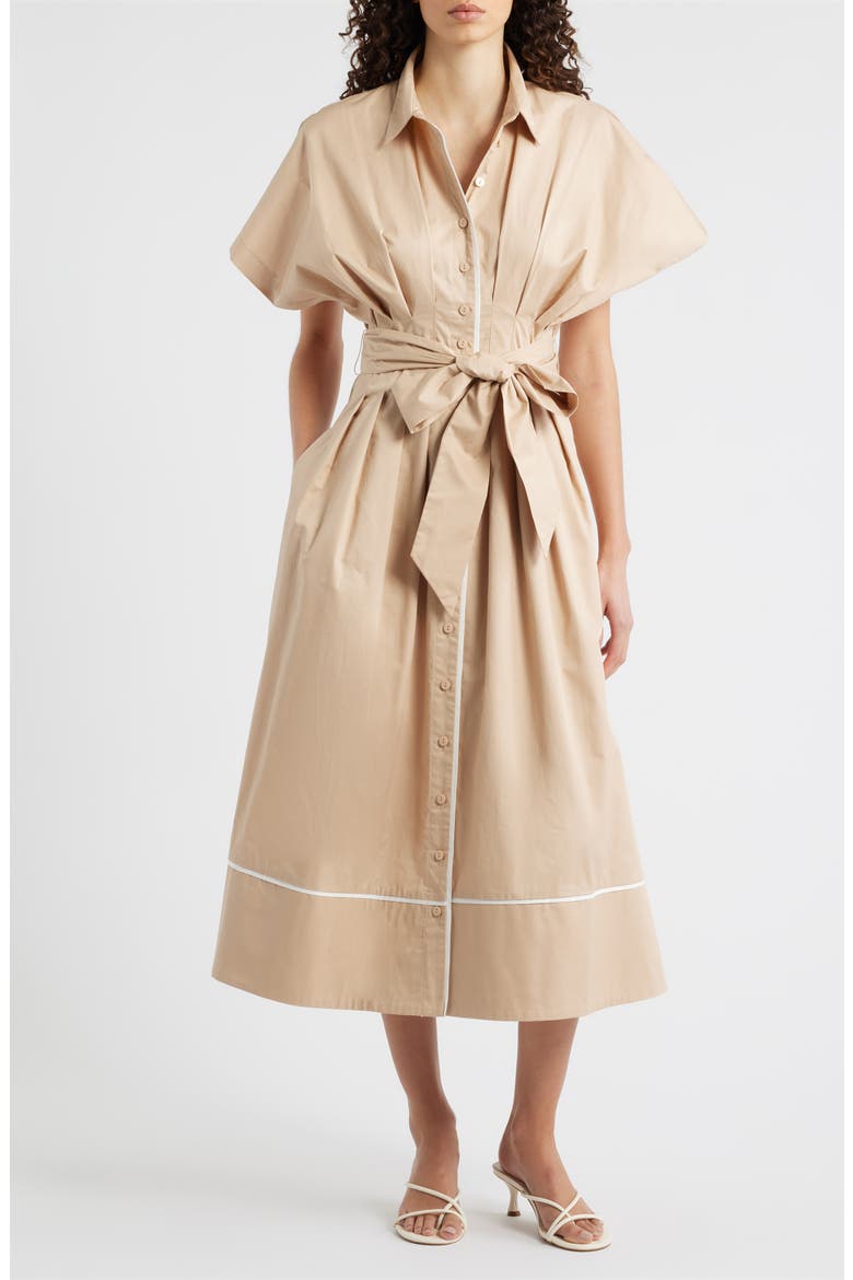 Tie Waist Midi Shirtdress, Main, color, KHAKI/ WHITE