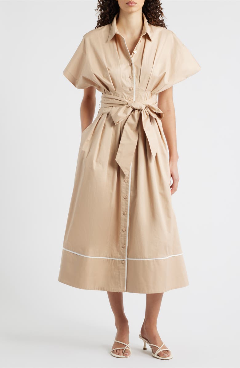 FREEMARKET Tie Waist Midi Shirtdress, Main, color, Khaki/ White