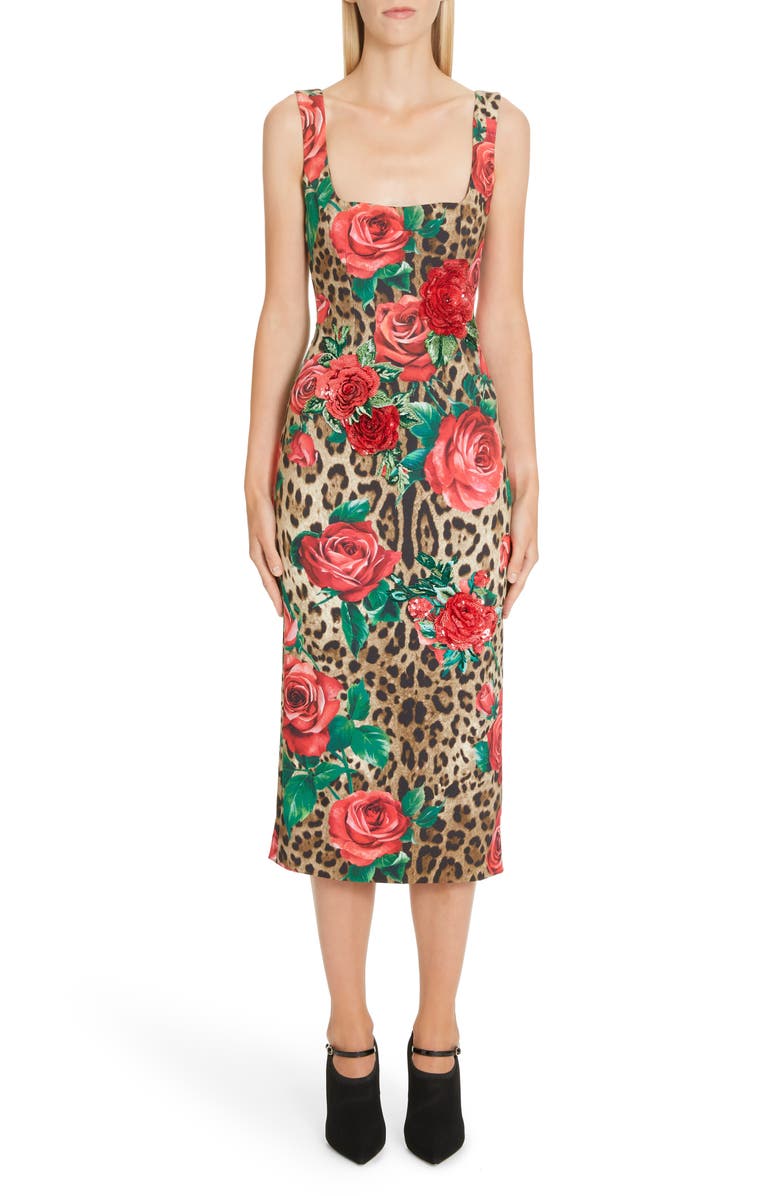 Dolce&Gabbana Embellished Rose & Leopard Print Cady Pencil Dress, Alternate, color,