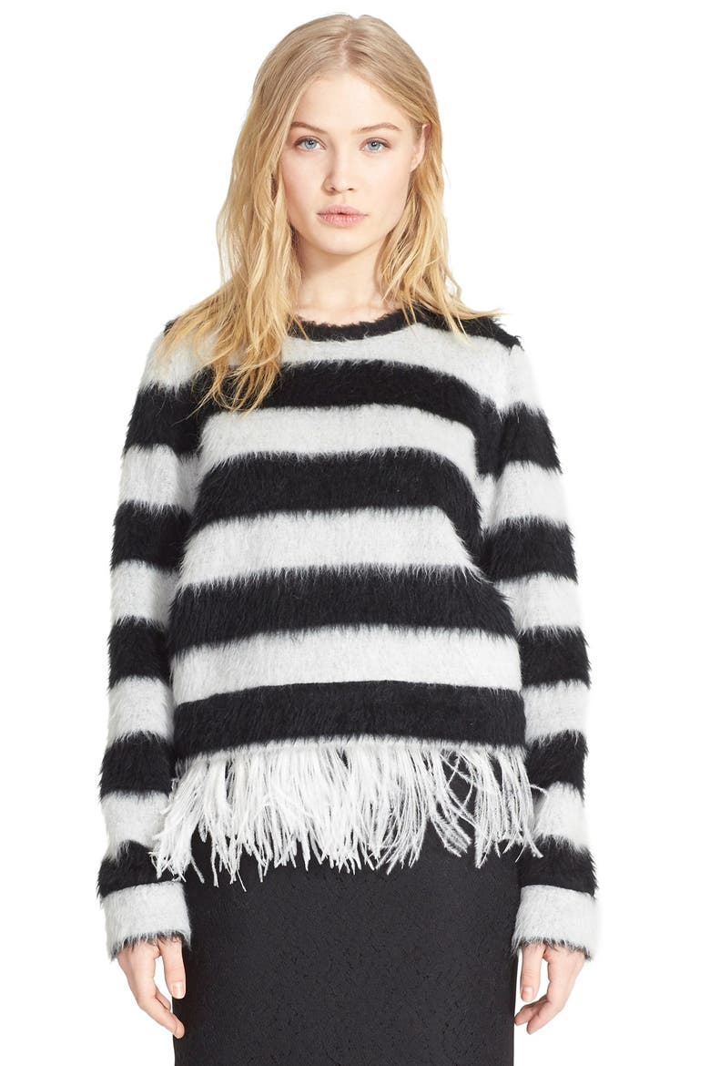 Ostrich Feather Fringe Stripe Sweater, Main, color, BLACK