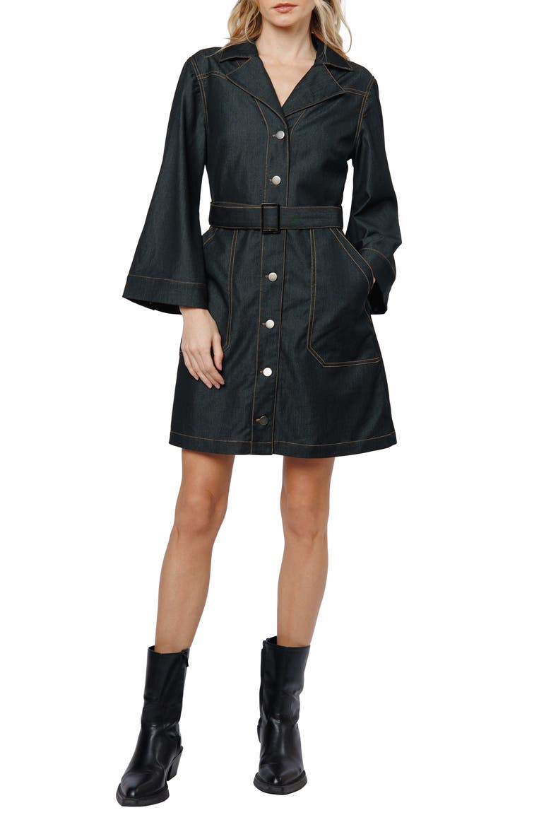 Franny Long Sleeve Denim Mini Shirtdress, Alternate, color, BLACK