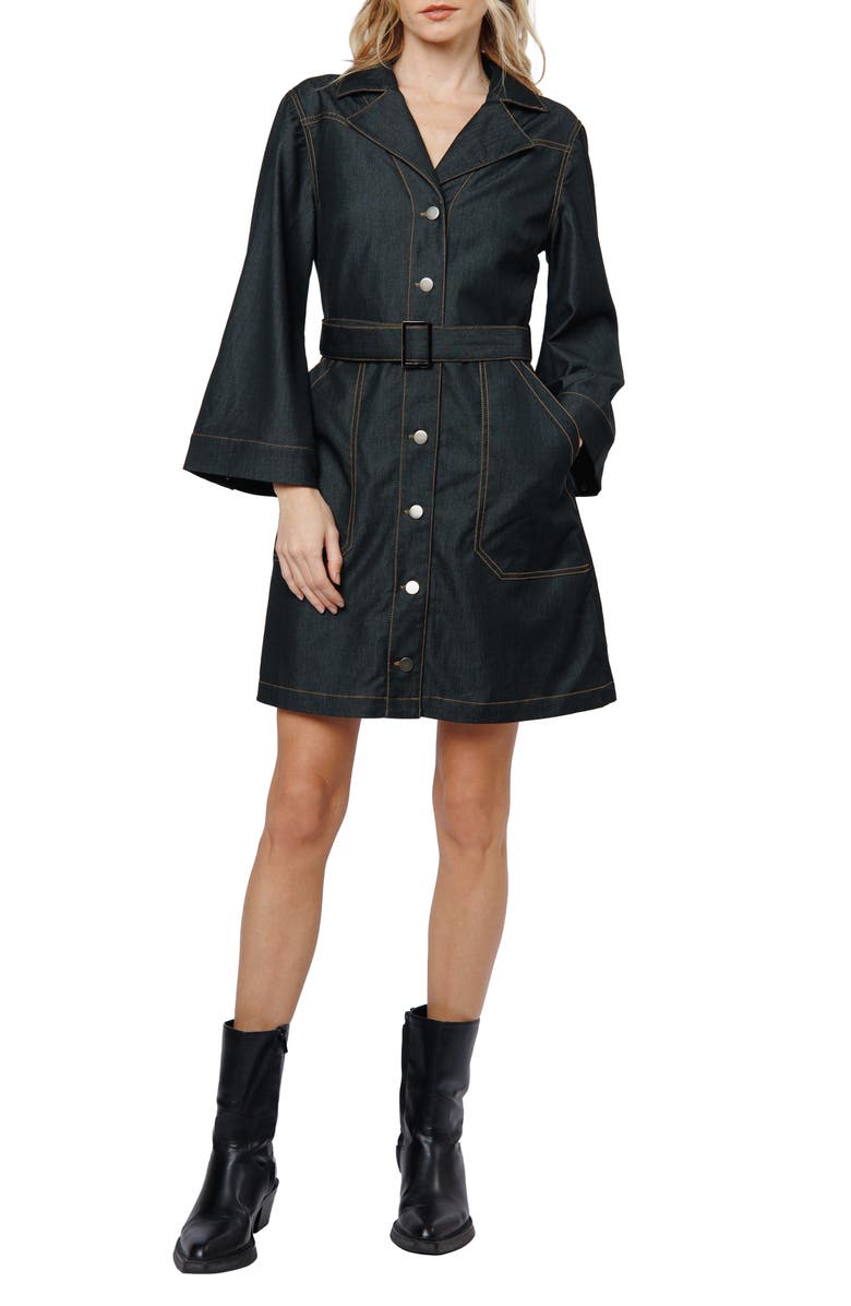 CIEBON Franny Long Sleeve Denim Mini Shirtdress, Alternate, color, Black