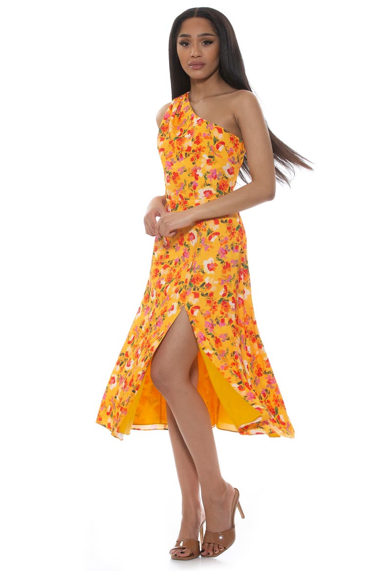 Fay One Shoulder Fit & Flare Midi Dress, Alternate, color, YELLOW WATERCOLOR