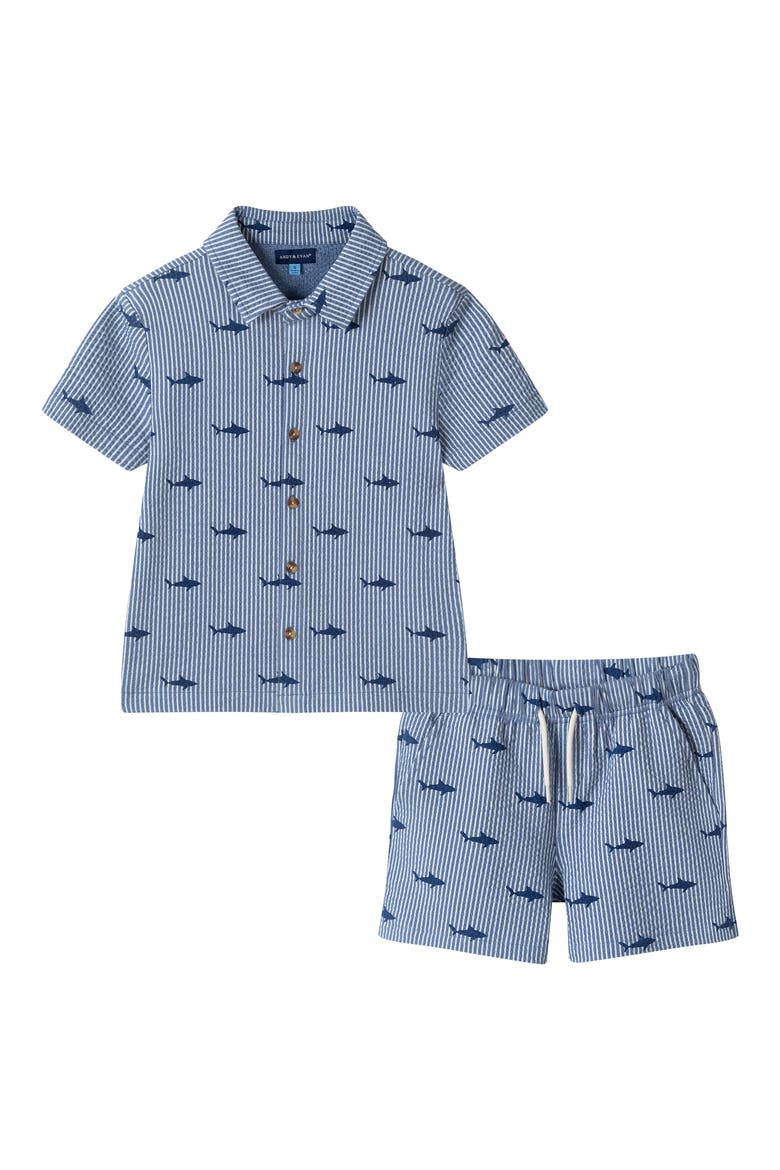 Kids' Seersucker Button-Up Shirt & Shorts, Main, color, NAVY STRIPE