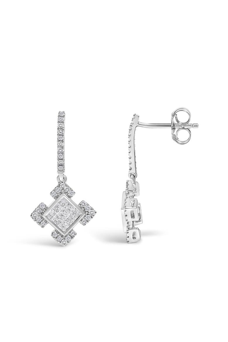 10K White Gold Princess and Round Diamond Geometric Composite Dangle Earrings, Alternate, color, White Gold