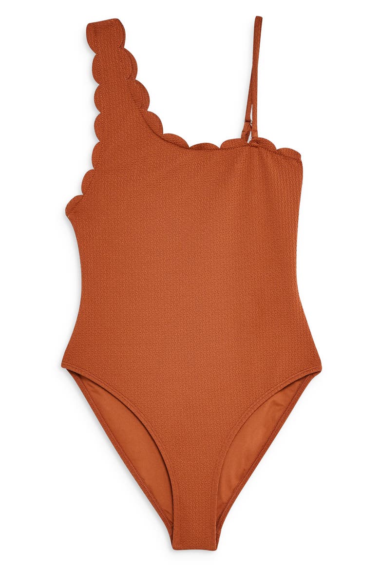 Scallop One-Shoulder One-Piece Swimsuit, Alternate, color, RUST