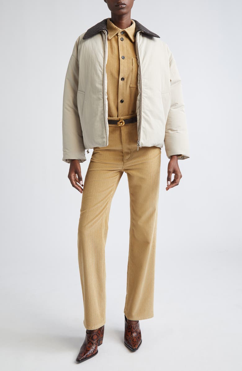 Bottega Veneta Intrecciato Leather Collar Tech Nylon Puffer Jacket, Alternate, color, 2674 Grey Putty