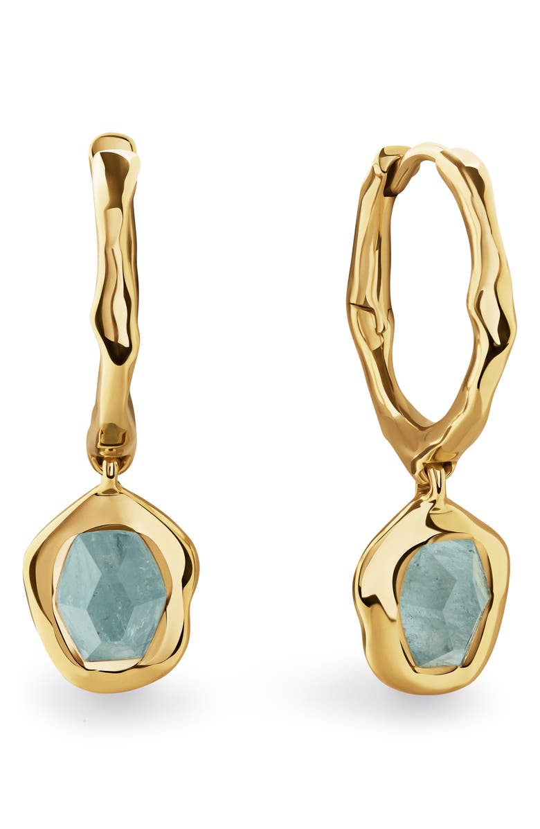 Monica Vinader Odyssey Drop Huggie Hoop Earrings, Main, color, 18Ct Gold Vermeil / Aquamarine