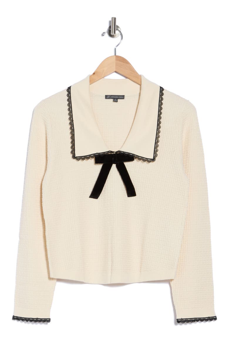 Bow Waffle Knit Sweater, Main, color, CREAM/ BLACK