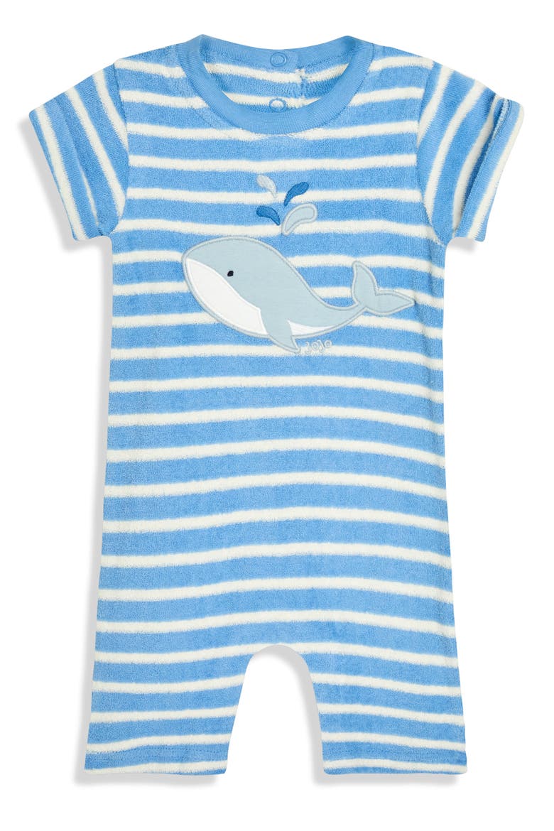 Whale Appliqué Stripe Terry Cloth Romper & Hat Set, Alternate, color, BLUE
