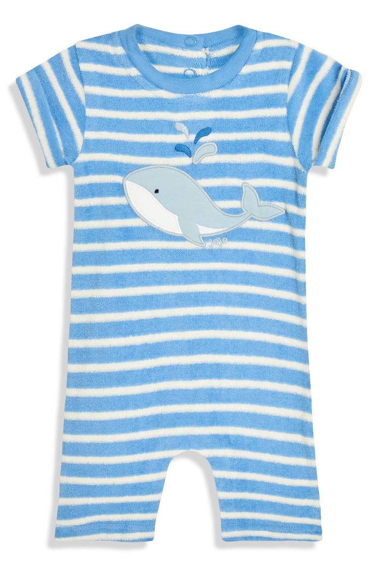 JOJO MAMAN BEBE Whale Appliqué Stripe Terry Cloth Romper & Hat Set, Alternate, color, Blue
