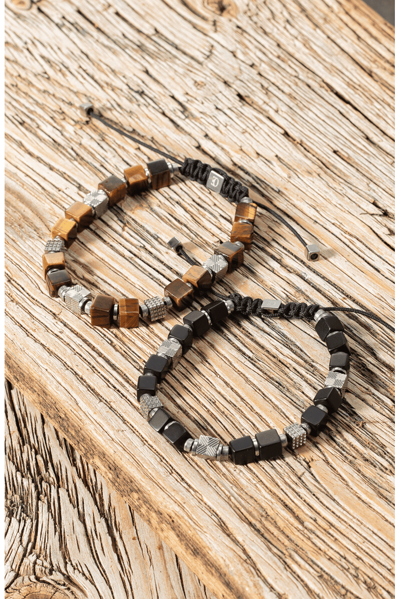 Tiger Eye Cubes Bracelet With Graphic Relief Stainless Steel Cubes And Adjustable Textile Closure, Alternate, color, Silver