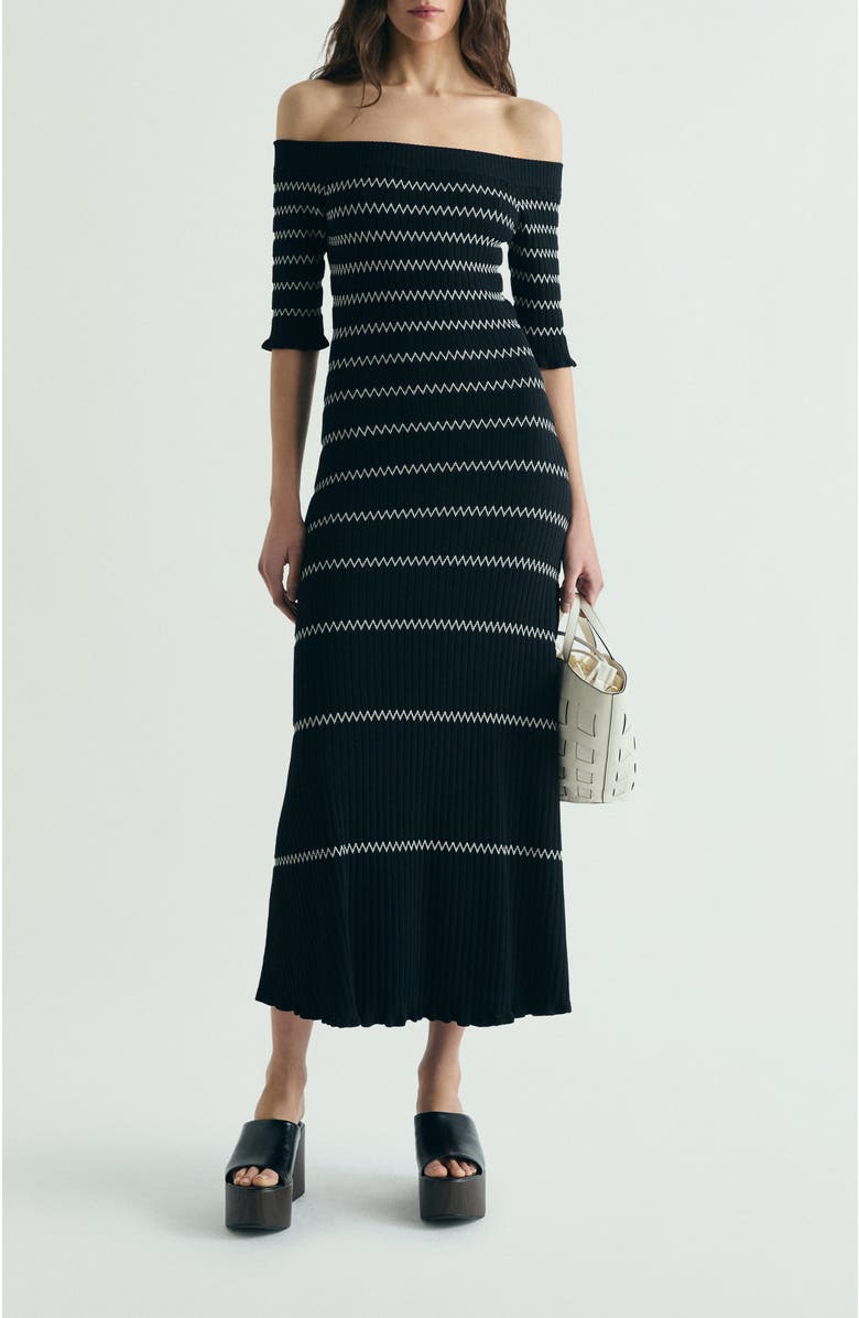 Scalpers Off Shoulder Knit Dress, Main, color, Blackecru