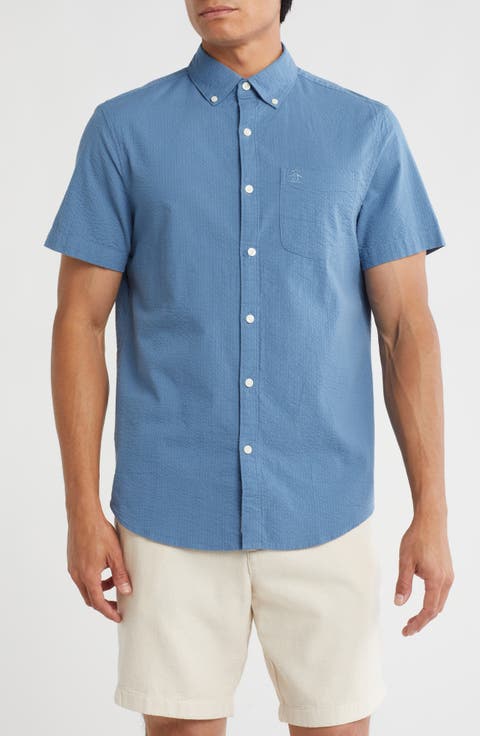 Short Sleeve Stretch Seersucker Button-Down Shirt
