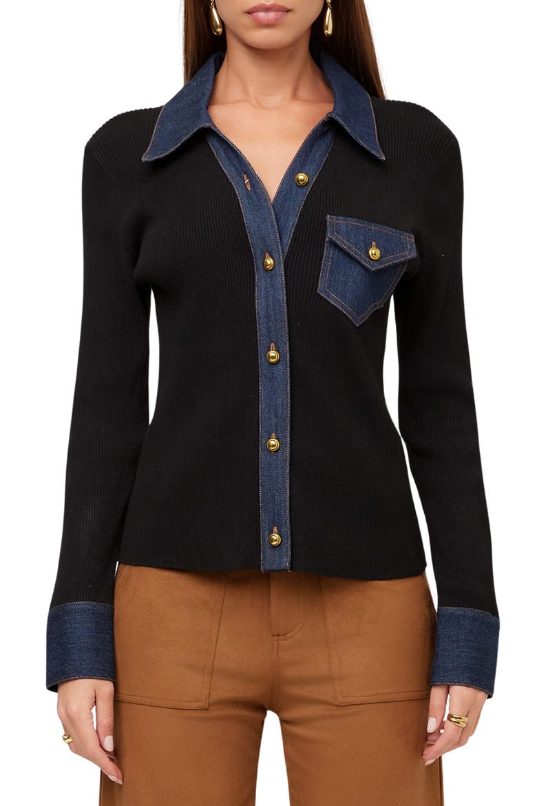Denim Trim Rib Cardigan, Main, color, BLACK