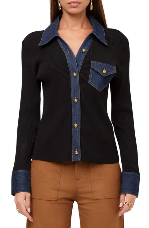 Denim Trim Rib Cardigan