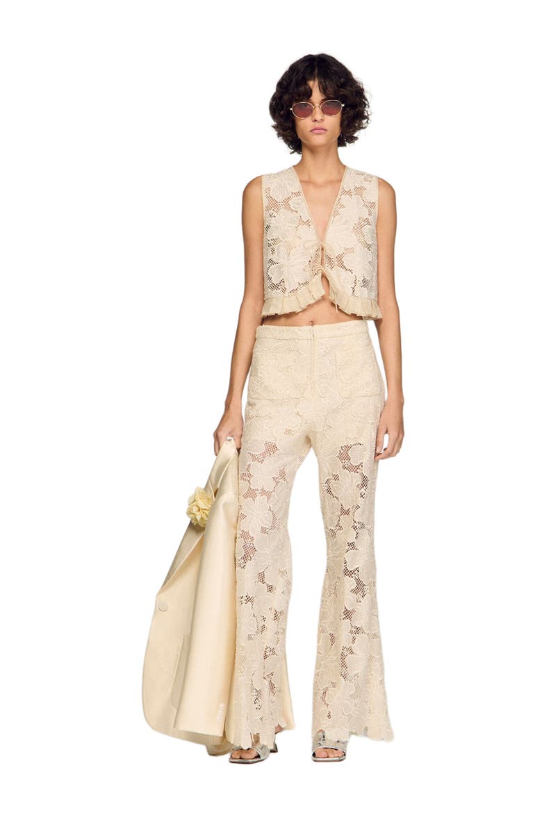 Guipure ruffle crop top, Alternate, color, Ecru