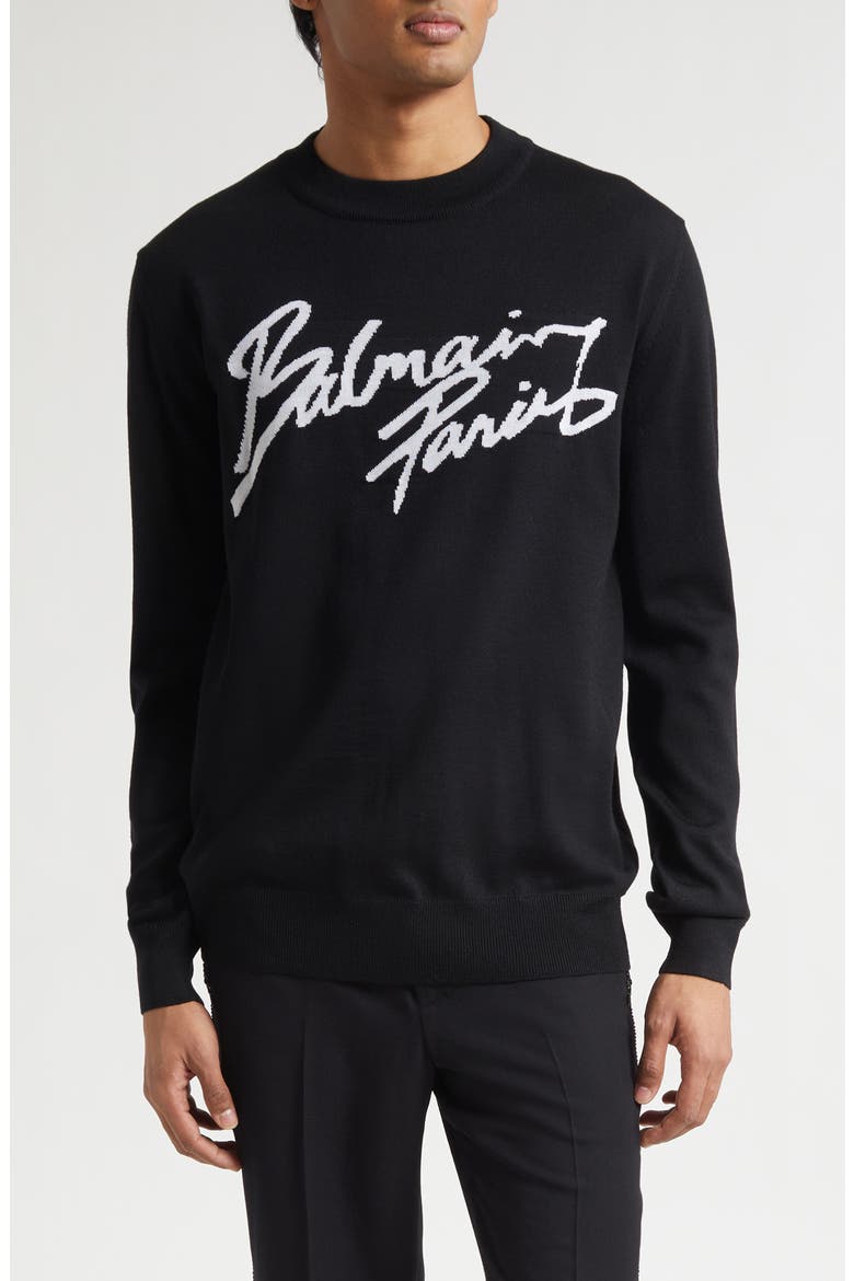 Paris Logo Intarsia Merino Wool Blend Sweater, Main, color, BLACK/ WHITE