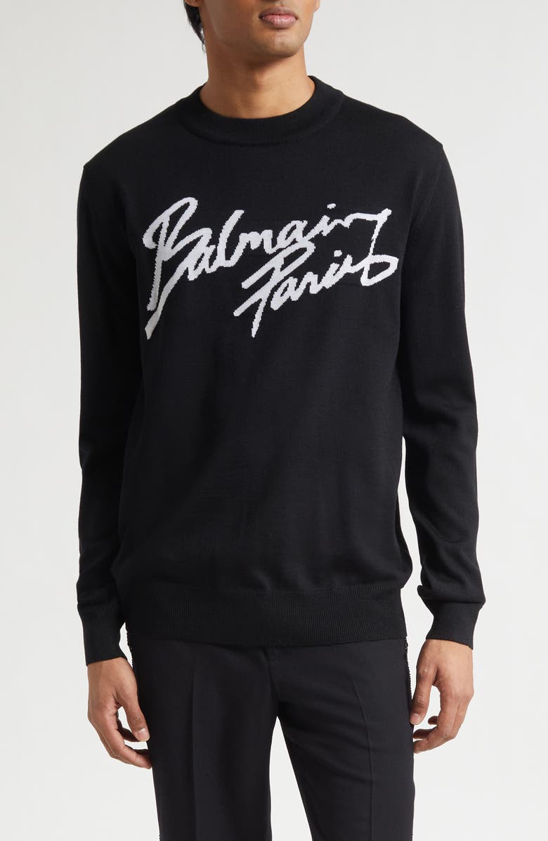Balmain Paris Logo Intarsia Merino Wool Blend Sweater, Main, color, Black/ White