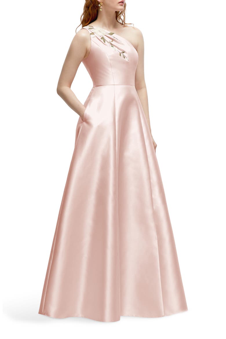 Floral Appliqué One-Shoulder Satin Gown, Alternate, color, BLUSH